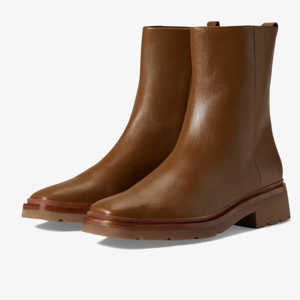 Vince Remi Boots Leather Block Heel Booties Dark Taupe NEW - Picture 2 of 7